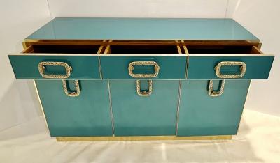 Bespoke Italian Art Design Brass Metallic Emerald Blue Glass Dresser Sideboard