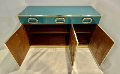 Bespoke Italian Art Design Brass Metallic Emerald Blue Glass Dresser Sideboard