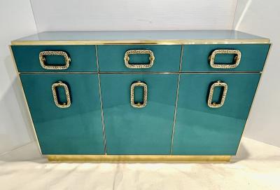 Bespoke Italian Art Design Brass Metallic Emerald Blue Glass Dresser Sideboard