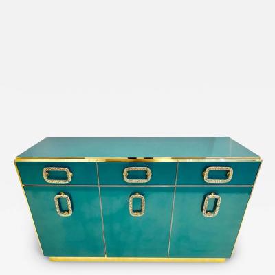 Bespoke Italian Art Design Brass Metallic Emerald Blue Glass Dresser Sideboard