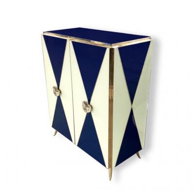 Bespoke Italian Art Design Brass White Dark Blue Glass 2 Door Highboy Cabinet