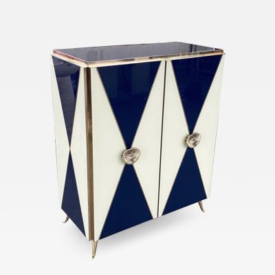 Bespoke Italian Art Design Brass White Dark Blue Glass 2 Door Highboy Cabinet
