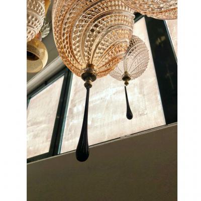 Bespoke Italian Brass and Clear Crystal Pink Murano Glass Pendant Light