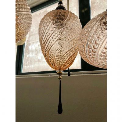 Bespoke Italian Brass and Clear Crystal Pink Murano Glass Pendant Light