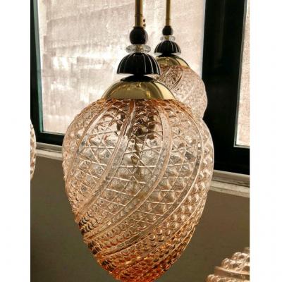 Bespoke Italian Brass and Clear Crystal Pink Murano Glass Pendant Light