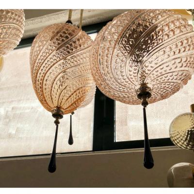 Bespoke Italian Brass and Clear Crystal Pink Murano Glass Pendant Light