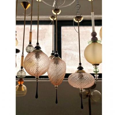 Bespoke Italian Brass and Clear Crystal Pink Murano Glass Pendant Light