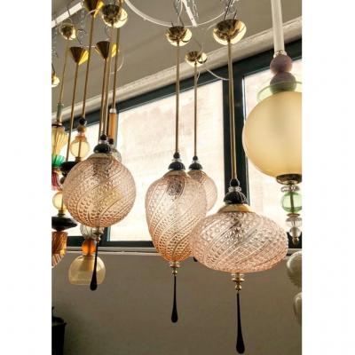 Bespoke Italian Brass and Clear Crystal Pink Murano Glass Pendant Light