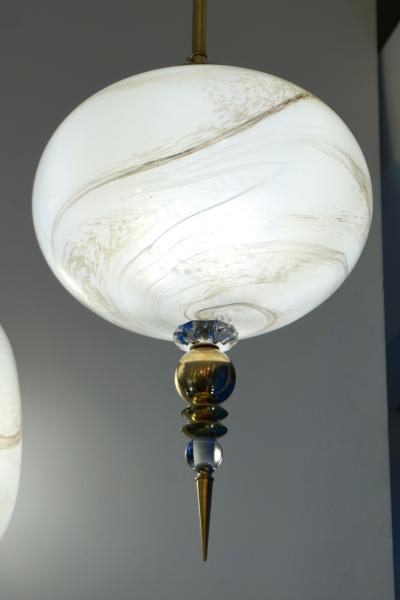 Bespoke Italian Brass and Cream White Alabaster Murano Glass Oval Pendant Light