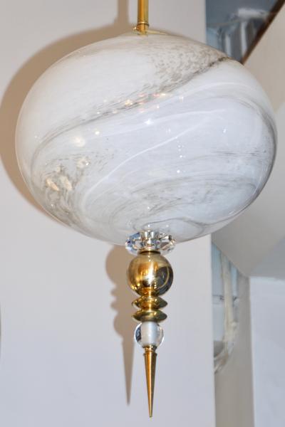 Bespoke Italian Brass and Cream White Alabaster Murano Glass Oval Pendant Light