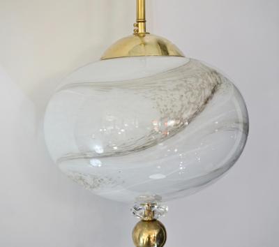 Bespoke Italian Brass and Cream White Alabaster Murano Glass Oval Pendant Light