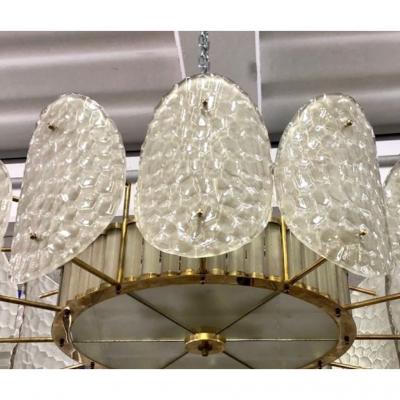 Bespoke Italian Crystal Frosted White Murano Glass Brass Chandelier Flushmount
