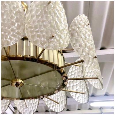 Bespoke Italian Crystal Frosted White Murano Glass Brass Chandelier Flushmount