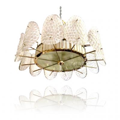 Bespoke Italian Crystal Frosted White Murano Glass Brass Chandelier Flushmount