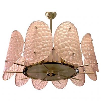 Bespoke Italian Crystal Frosted White Murano Glass Brass Chandelier Flushmount