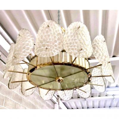 Bespoke Italian Crystal Frosted White Murano Glass Brass Chandelier Flushmount