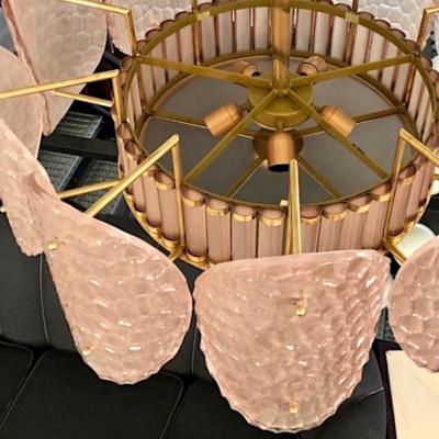 Bespoke Italian Crystal Rose Pink Murano Glass Brass Chandelier Flushmount