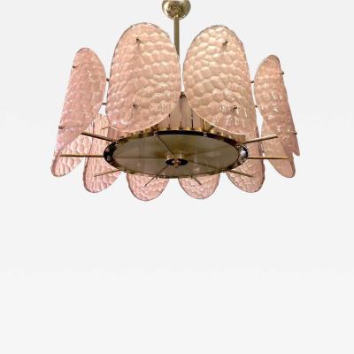 Bespoke Italian Crystal Rose Pink Murano Glass Brass Chandelier Flushmount