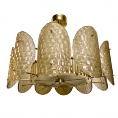 Bespoke Italian Crystal Smoked Taupe Murano Glass Brass Chandelier Flushmount