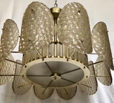 Bespoke Italian Crystal Smoked Taupe Murano Glass Brass Chandelier Flushmount