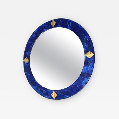 Bespoke Italian Custom Brass and Textured Cobalt Blue Murano Glass Round Mirror