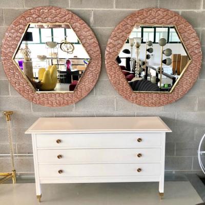 Bespoke Italian Custom Brass and Textured Pink Murano Glass Modern Round Mirror