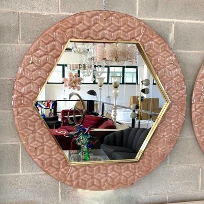 Bespoke Italian Custom Brass and Textured Pink Murano Glass Modern Round Mirror