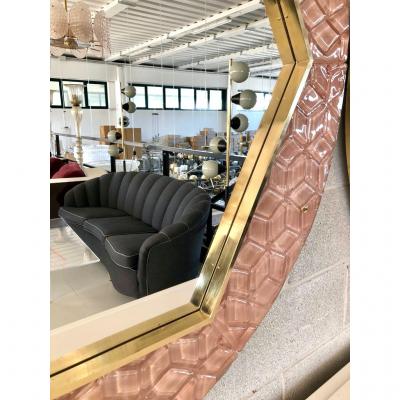 Bespoke Italian Custom Brass and Textured Pink Murano Glass Modern Round Mirror
