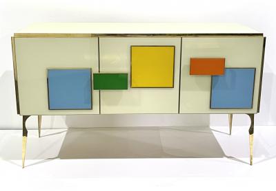 Bespoke Italian Ivory Yellow Green Blue Geometric Postmodern Cabinet Sideboard