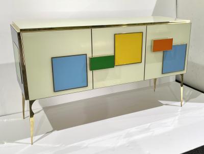 Bespoke Italian Ivory Yellow Green Blue Geometric Postmodern Cabinet Sideboard