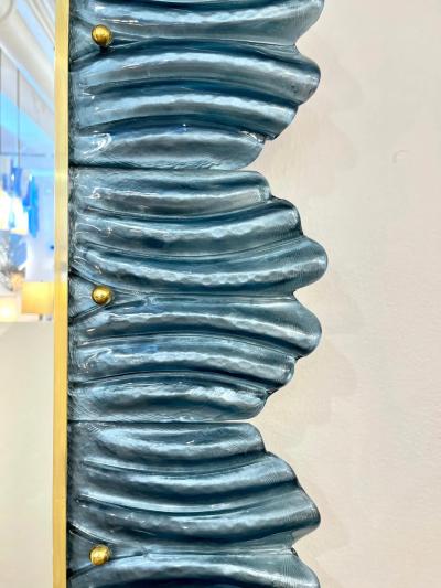 Bespoke Italian Modern Leaf Design Avio Silver Blue Murano Glass Brass Mirror
