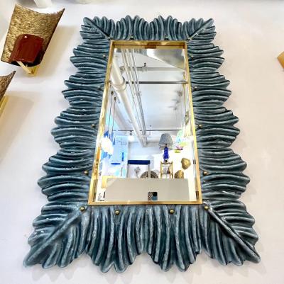 Bespoke Italian Modern Leaf Design Avio Silver Blue Murano Glass Brass Mirror