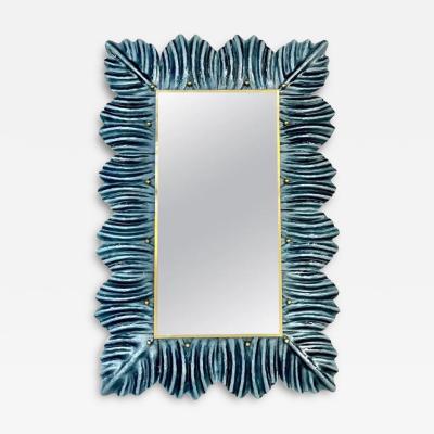 Bespoke Italian Modern Leaf Design Avio Silver Blue Murano Glass Brass Mirror