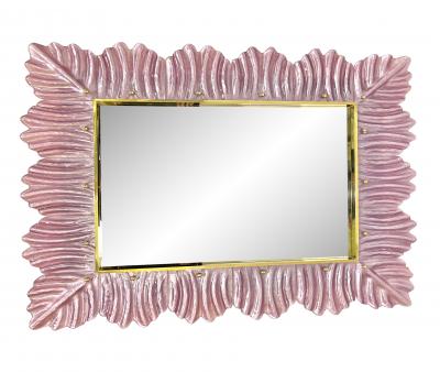 Bespoke Italian Modern Leaf Design Pearl Pink Crystal Murano Glass Brass Mirror
