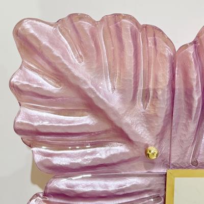 Bespoke Italian Modern Leaf Design Pearl Pink Crystal Murano Glass Brass Mirror