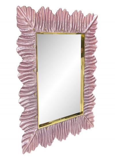 Bespoke Italian Modern Leaf Design Pearl Pink Crystal Murano Glass Brass Mirror