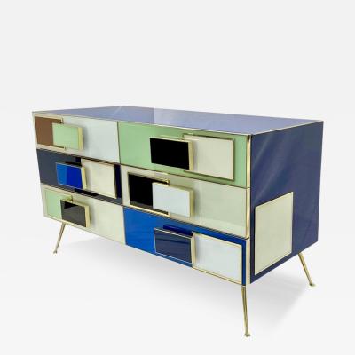 Bespoke Italian Mondrian Style Blue Green White Brown Modern Brass Dresser Chest