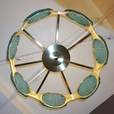 Bespoke Italian Organic Aquamarine Murano Glass Round Brass Chandelier Pendant