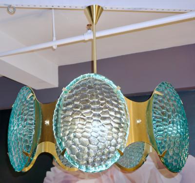 Bespoke Italian Organic Aquamarine Murano Glass Round Brass Chandelier Pendant