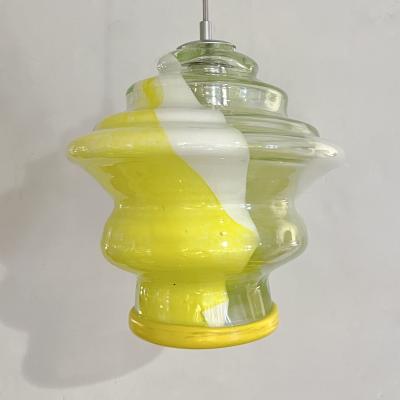Bespoke Italian Organic Lemon Yellow White Step Tulip Murano Glass Pendant Light