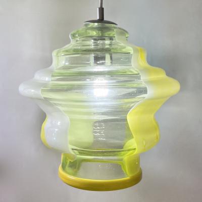 Bespoke Italian Organic Lemon Yellow White Step Tulip Murano Glass Pendant Light