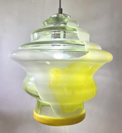 Bespoke Italian Organic Lemon Yellow White Step Tulip Murano Glass Pendant Light