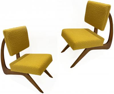 Bespoke Italian Pair of Boucle Mustard Yellow Aero Curved Beech Lounge Chairs