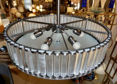 Bespoke Italian Pewter Finish Crystal Murano Glass Flush Mount Drum Chandelier