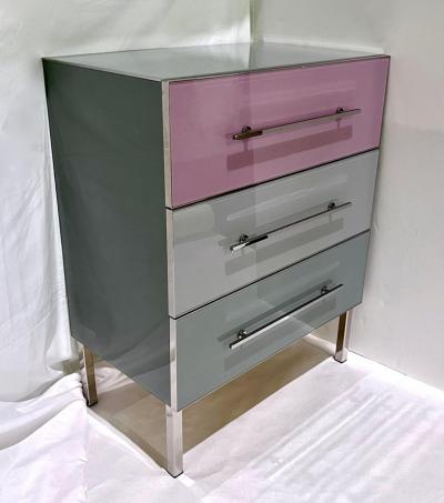 Bespoke Italian Post Modern Pink Gray Glass 3 Drawer Nickel Chest Nightstand