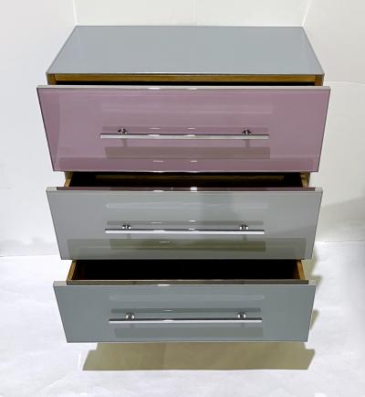 Bespoke Italian Post Modern Pink Gray Glass 3 Drawer Nickel Chest Nightstand