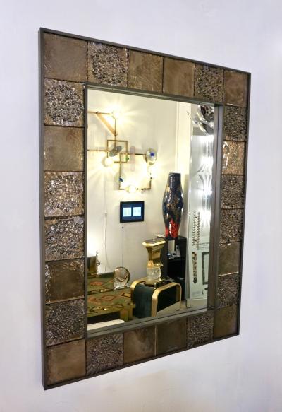 Bespoke Italian Smoked Amber Mirrored Murano Glass Geometric Bronze Tile Mirror