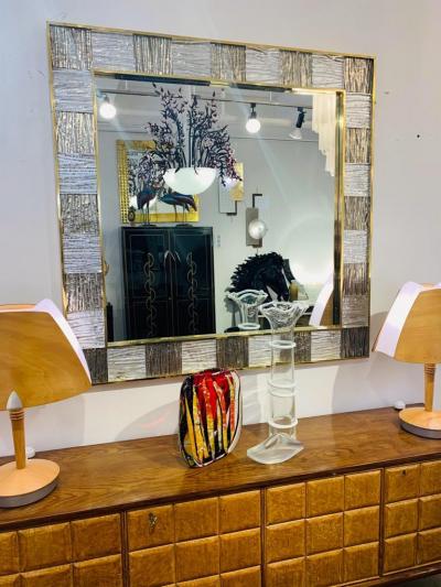 Bespoke Italian Square Silver Leaf Smoked Crystal Murano Glass Brass Tile Mirror