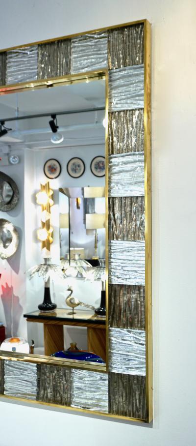 Bespoke Italian Square Silver Leaf Smoked Crystal Murano Glass Brass Tile Mirror