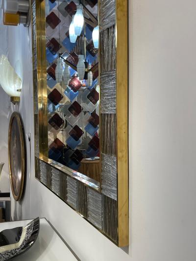 Bespoke Italian Square Silver Leaf Smoked Crystal Murano Glass Brass Tile Mirror